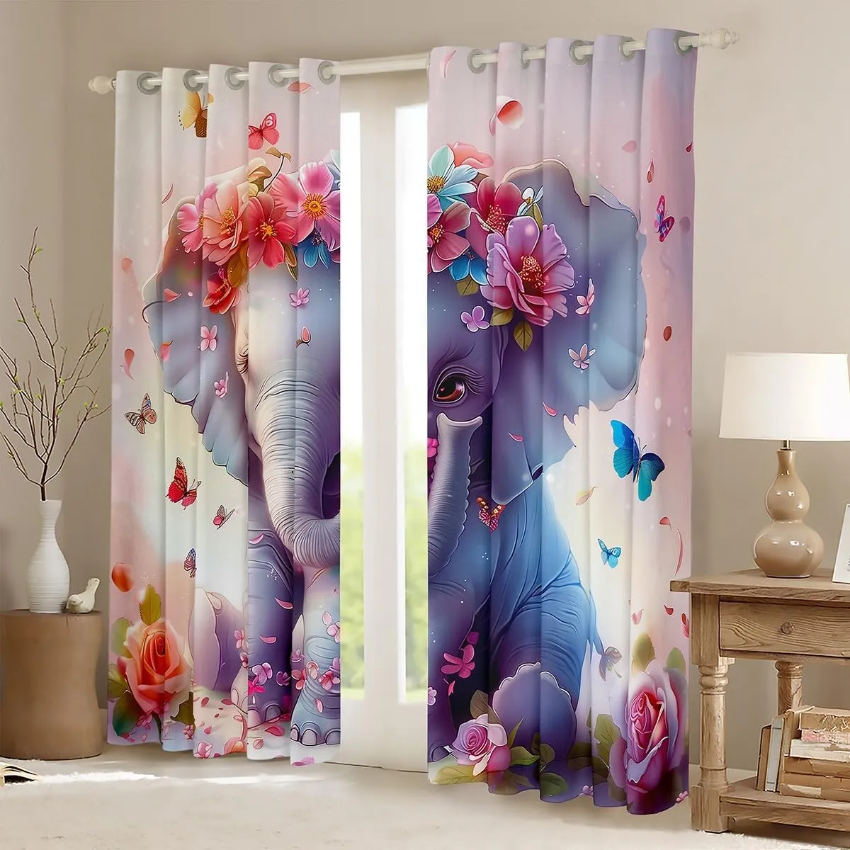jejeloiu Boys Girls Cute Elephant Darkening Drapes Boho Exotic Style 30%-50% Blackout Curtains Cartoon Animal Window Curtains Kids Ethnic Elephant Print Window Treatments (2 Panels, 42 x 90 Inch)