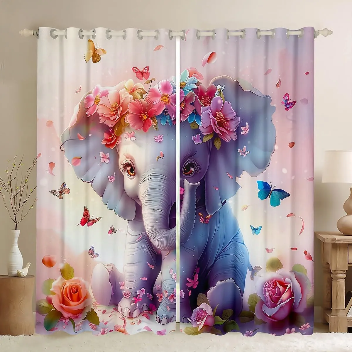 jejeloiu Boys Girls Cute Elephant Darkening Drapes Boho Exotic Style 30%-50% Blackout Curtains Cartoon Animal Window Curtains Kids Ethnic Elephant Print Window Treatments (2 Panels, 42 x 90 Inch)