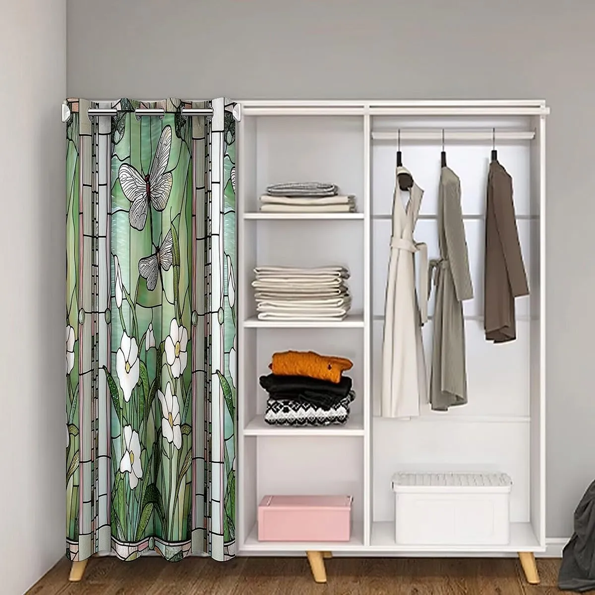 jejeloiu Stained Glass Door Curtain for Doorway Privacy 52x84 Inch 1 Panel Kids Meadow Floral Flower Closet Cover Boys Girls Spring Room Divider Curtain Washable Butterfly Bedroom Living Room Decor