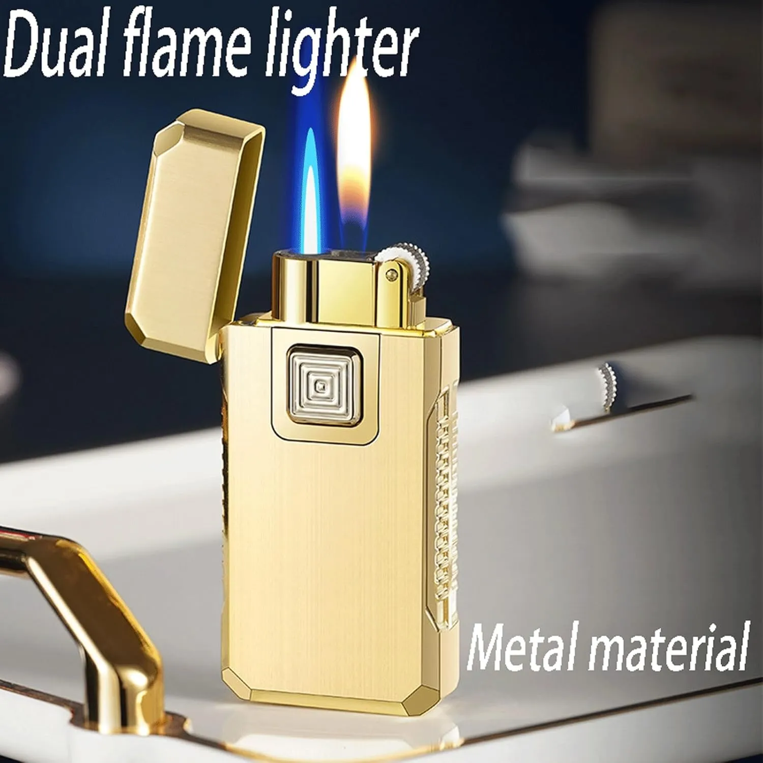 Jet Torch Lighter Dual Flame Soft Fire Straight Flame Lighter Butane Fuel Refillable Adjustable Flame Size Suitable for Outdoor Men Gift (Gas Not Included)(Gold)