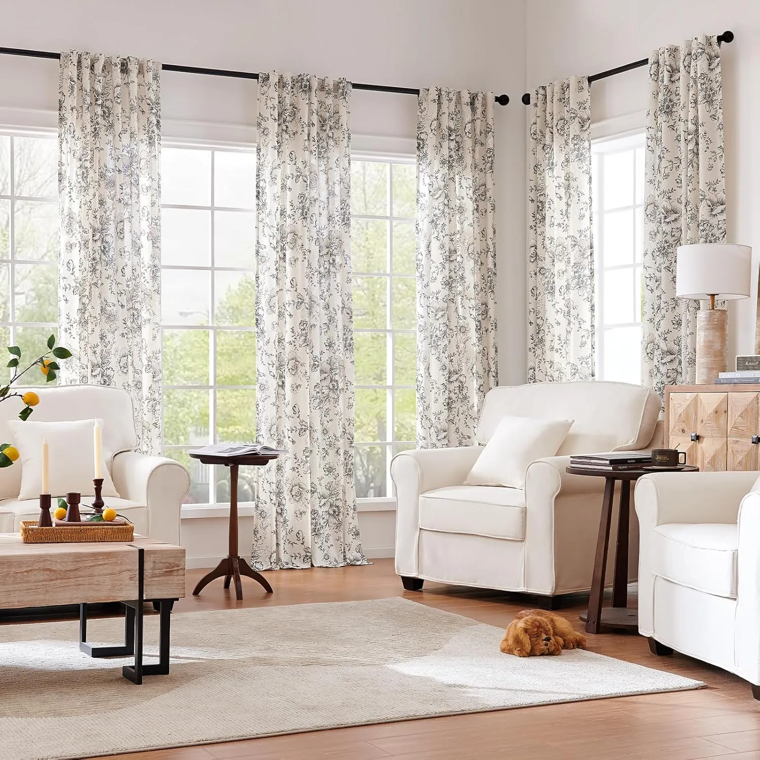 jinchan Linen Blend Curtain Floral Curtains for Living Room 84 Inch Length Black Printed Curtains Rod Pocket Back Tab Farmhouse Peony Flower Patterned Drapes Bedroom Window Curtain Set 2 Panels