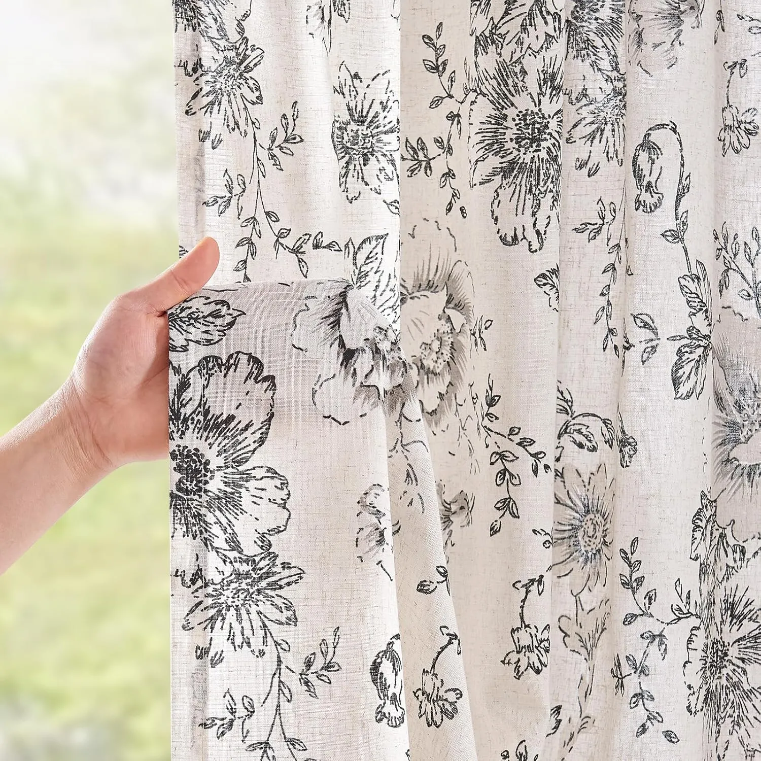 jinchan Linen Blend Curtain Floral Curtains for Living Room 84 Inch Length Black Printed Curtains Rod Pocket Back Tab Farmhouse Peony Flower Patterned Drapes Bedroom Window Curtain Set 2 Panels