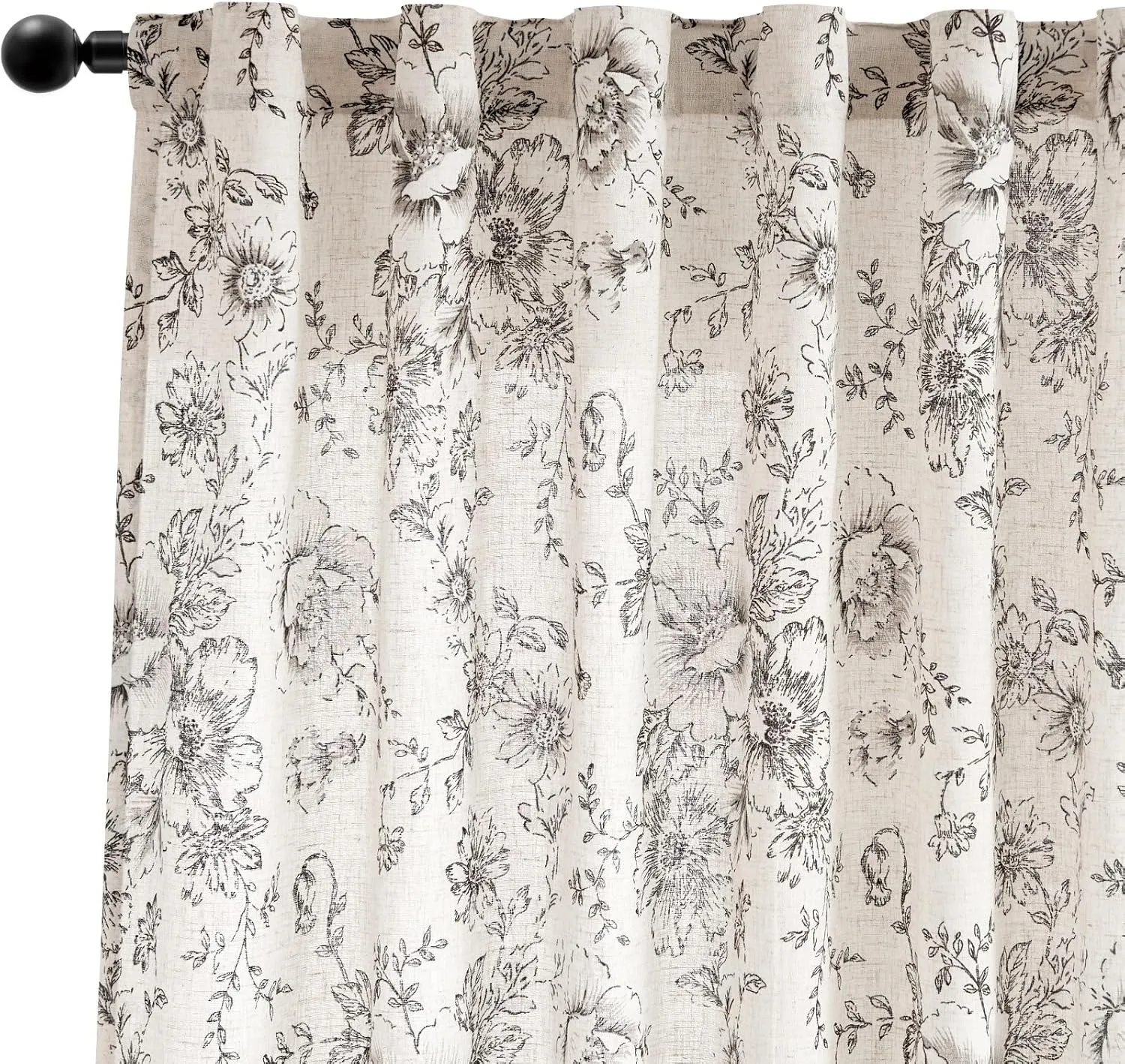 jinchan Linen Blend Curtain Floral Curtains for Living Room 84 Inch Length Black Printed Curtains Rod Pocket Back Tab Farmhouse Peony Flower Patterned Drapes Bedroom Window Curtain Set 2 Panels