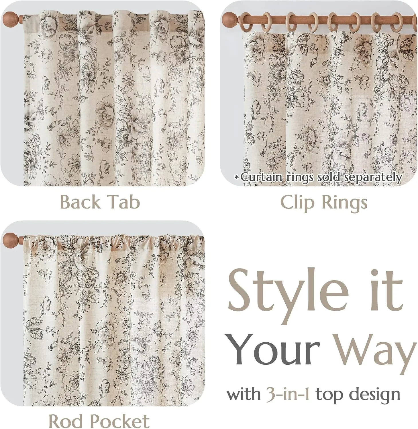 jinchan Linen Blend Curtain Floral Curtains for Living Room 84 Inch Length Black Printed Curtains Rod Pocket Back Tab Farmhouse Peony Flower Patterned Drapes Bedroom Window Curtain Set 2 Panels