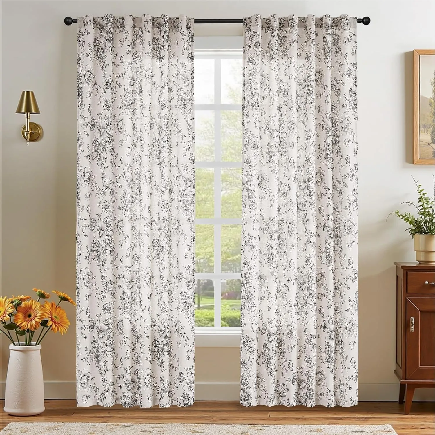 jinchan Linen Blend Curtain Floral Curtains for Living Room 84 Inch Length Black Printed Curtains Rod Pocket Back Tab Farmhouse Peony Flower Patterned Drapes Bedroom Window Curtain Set 2 Panels