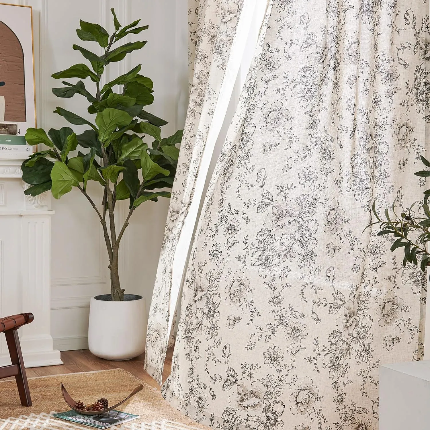 jinchan Linen Blend Curtain Floral Curtains for Living Room 84 Inch Length Black Printed Curtains Rod Pocket Back Tab Farmhouse Peony Flower Patterned Drapes Bedroom Window Curtain Set 2 Panels