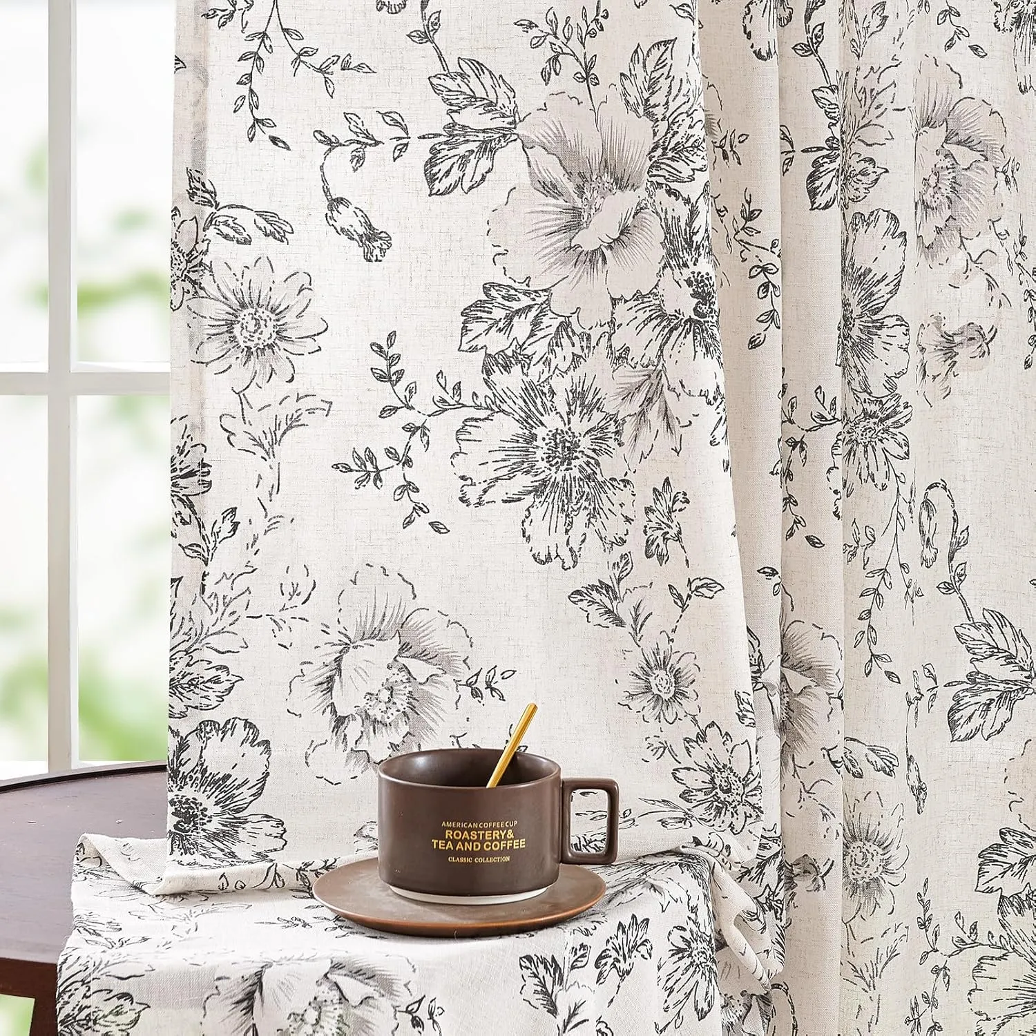 jinchan Linen Blend Curtain Floral Curtains for Living Room 84 Inch Length Black Printed Curtains Rod Pocket Back Tab Farmhouse Peony Flower Patterned Drapes Bedroom Window Curtain Set 2 Panels