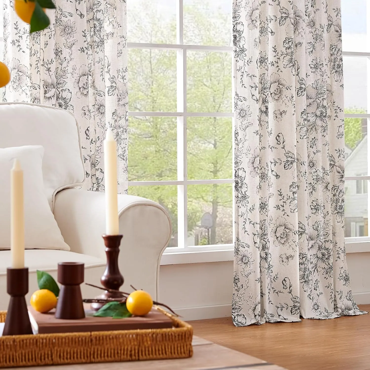 jinchan Linen Blend Curtain Floral Curtains for Living Room 84 Inch Length Black Printed Curtains Rod Pocket Back Tab Farmhouse Peony Flower Patterned Drapes Bedroom Window Curtain Set 2 Panels