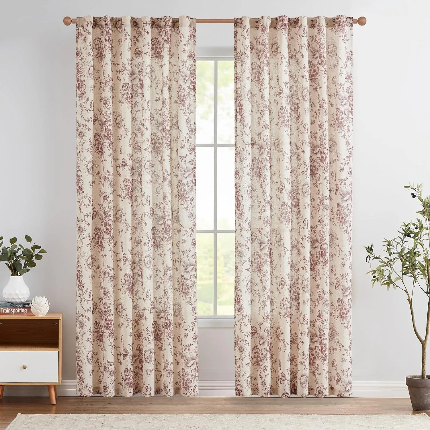 jinchan Linen Blend Curtains Floral Curtains for Living Room 84 Inch Length Brick Red Printed Curtain Rod Pocket Back Tab Farmhouse Peony Flower Patterned Drapes Bedroom Window Curtain Set 2 Panels