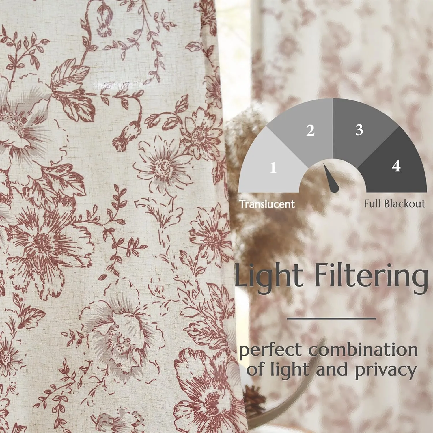 jinchan Linen Blend Curtains Floral Curtains for Living Room 84 Inch Length Brick Red Printed Curtain Rod Pocket Back Tab Farmhouse Peony Flower Patterned Drapes Bedroom Window Curtain Set 2 Panels