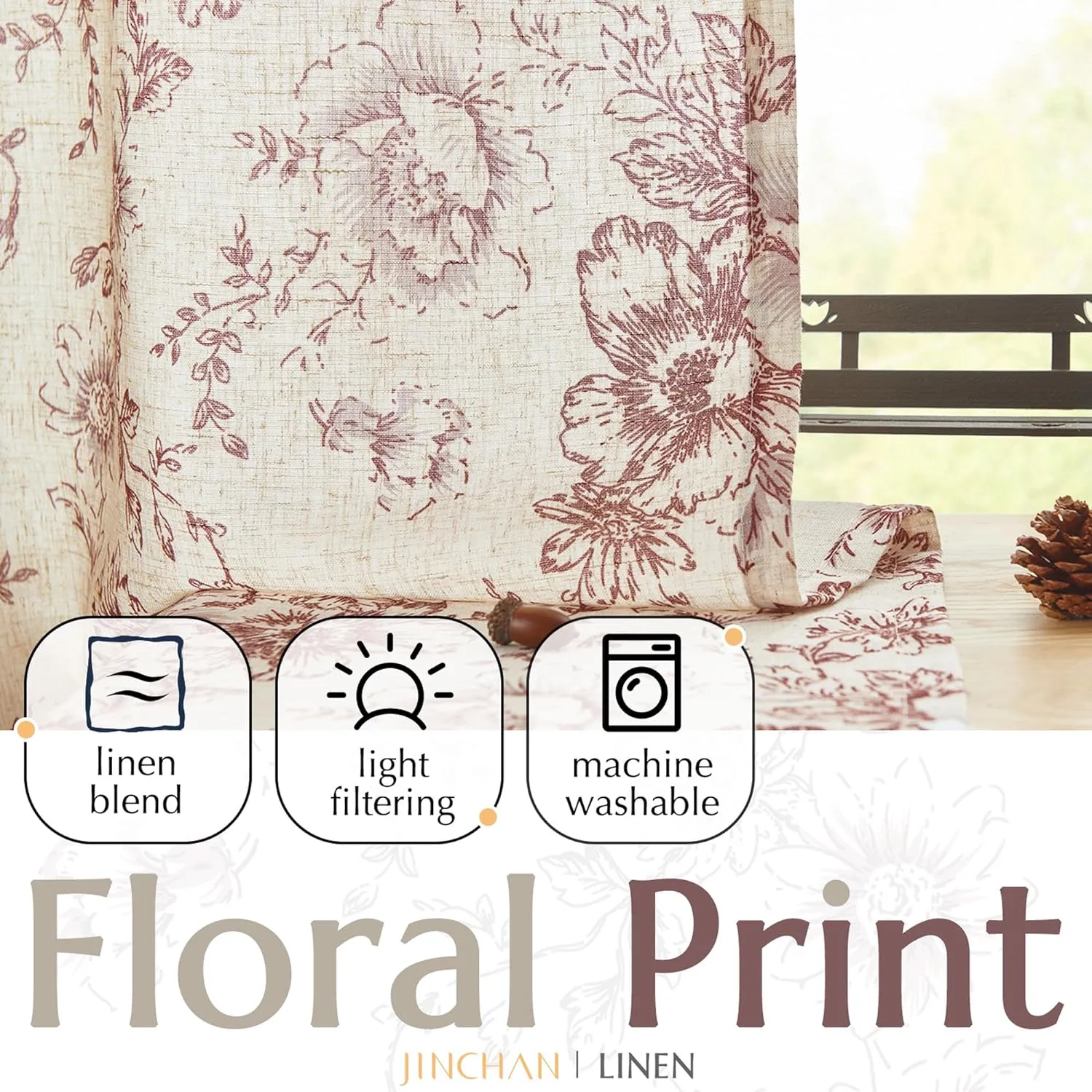 jinchan Linen Blend Curtains Floral Curtains for Living Room 84 Inch Length Brick Red Printed Curtain Rod Pocket Back Tab Farmhouse Peony Flower Patterned Drapes Bedroom Window Curtain Set 2 Panels
