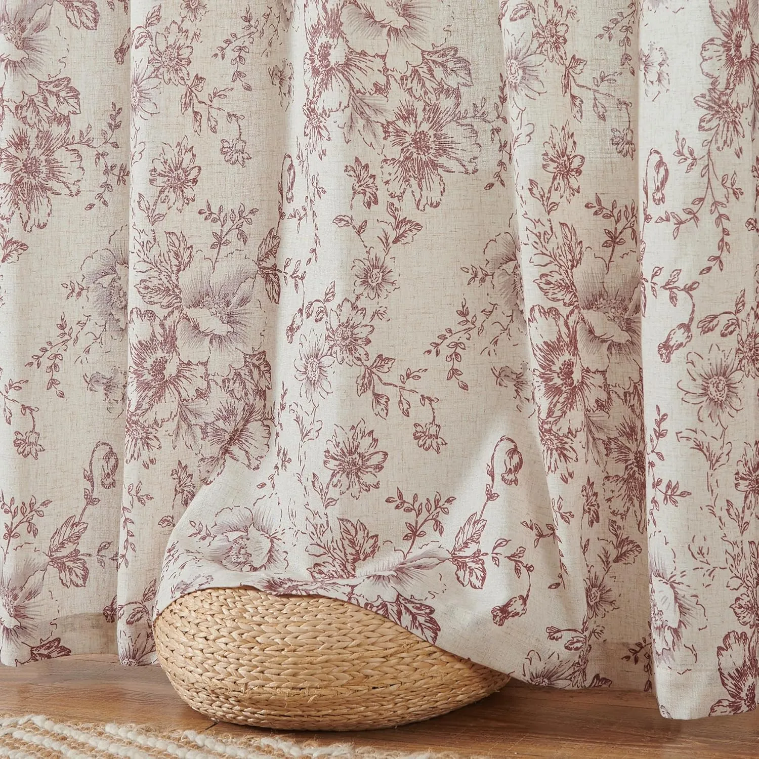 jinchan Linen Blend Curtains Floral Curtains for Living Room 84 Inch Length Brick Red Printed Curtain Rod Pocket Back Tab Farmhouse Peony Flower Patterned Drapes Bedroom Window Curtain Set 2 Panels