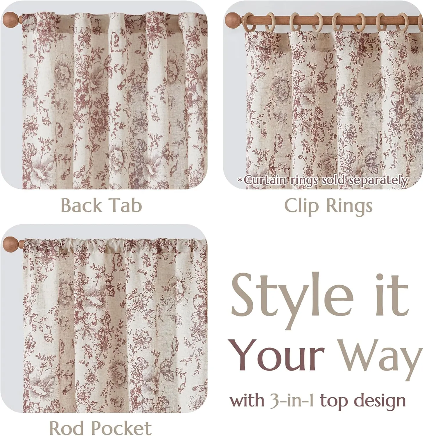 jinchan Linen Blend Curtains Floral Curtains for Living Room 84 Inch Length Brick Red Printed Curtain Rod Pocket Back Tab Farmhouse Peony Flower Patterned Drapes Bedroom Window Curtain Set 2 Panels