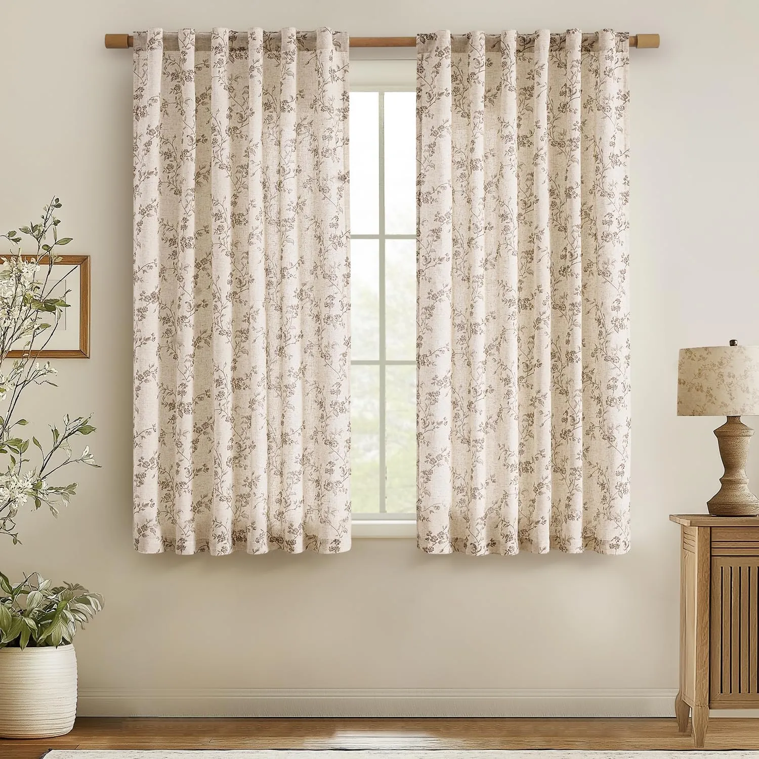 jinchan Linen Floral Curtains for Living Room 63 Inch Length Taupe Printed Curtains Back Tab French Country Farmhouse Flower Patterned Drapes Bedroom Window Curtain Set 2 Panels