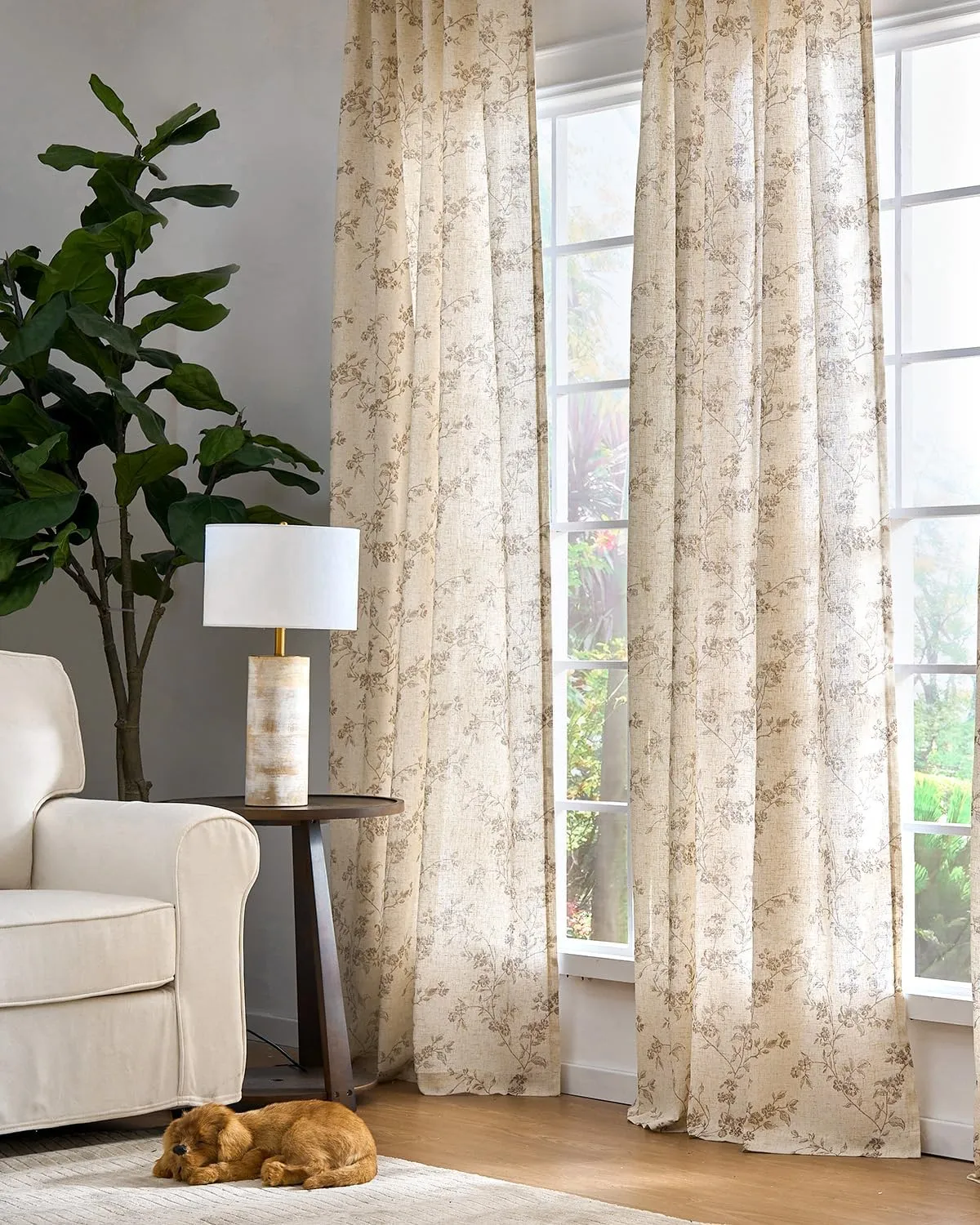 jinchan Linen Floral Curtains for Living Room 63 Inch Length Taupe Printed Curtains Back Tab French Country Farmhouse Flower Patterned Drapes Bedroom Window Curtain Set 2 Panels