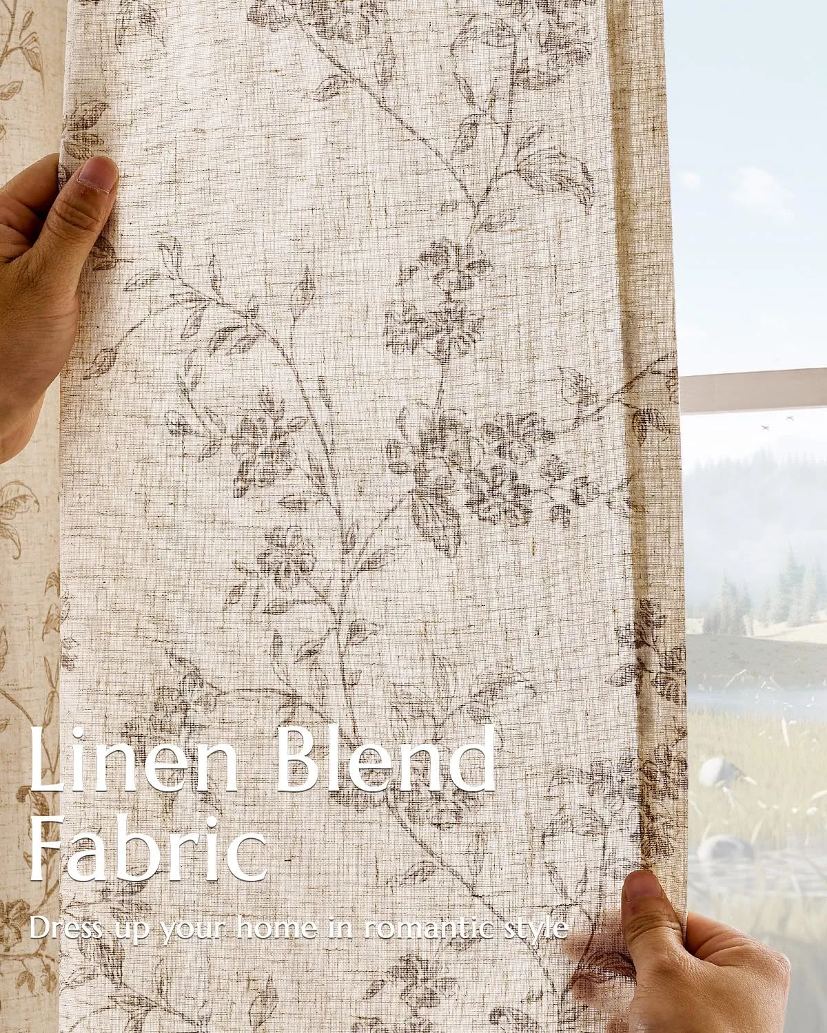 jinchan Linen Floral Curtains for Living Room 63 Inch Length Taupe Printed Curtains Back Tab French Country Farmhouse Flower Patterned Drapes Bedroom Window Curtain Set 2 Panels