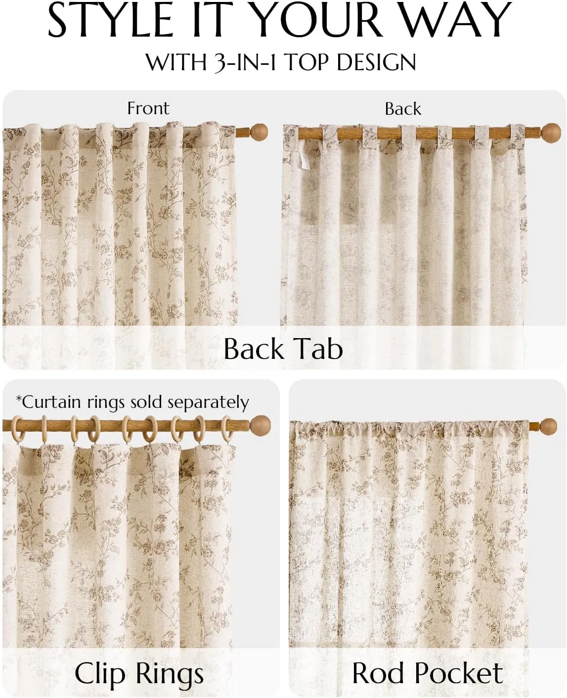 jinchan Linen Floral Curtains for Living Room 63 Inch Length Taupe Printed Curtains Back Tab French Country Farmhouse Flower Patterned Drapes Bedroom Window Curtain Set 2 Panels