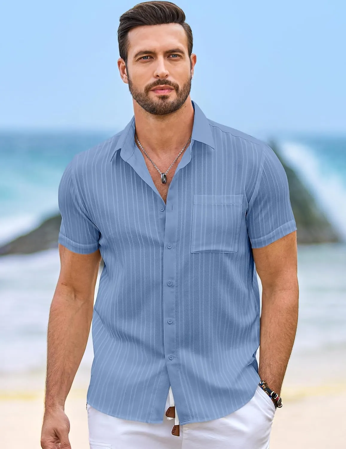 JMIERR Hawaiian Shirt for Men Button Down Short Sleeve Shirts Textured Casual Summer Beach Linen Shirts
