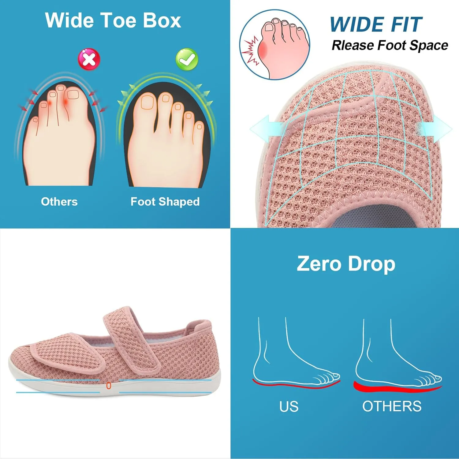 JOINFREE Womens Barefoot Walking Shoes Wide Diabetic Shoes Adjustable Mary Jane Shoes Flats Arthritis Edema Casual Shoes Breathable Slip on Sneakers Indoor Outdoor
