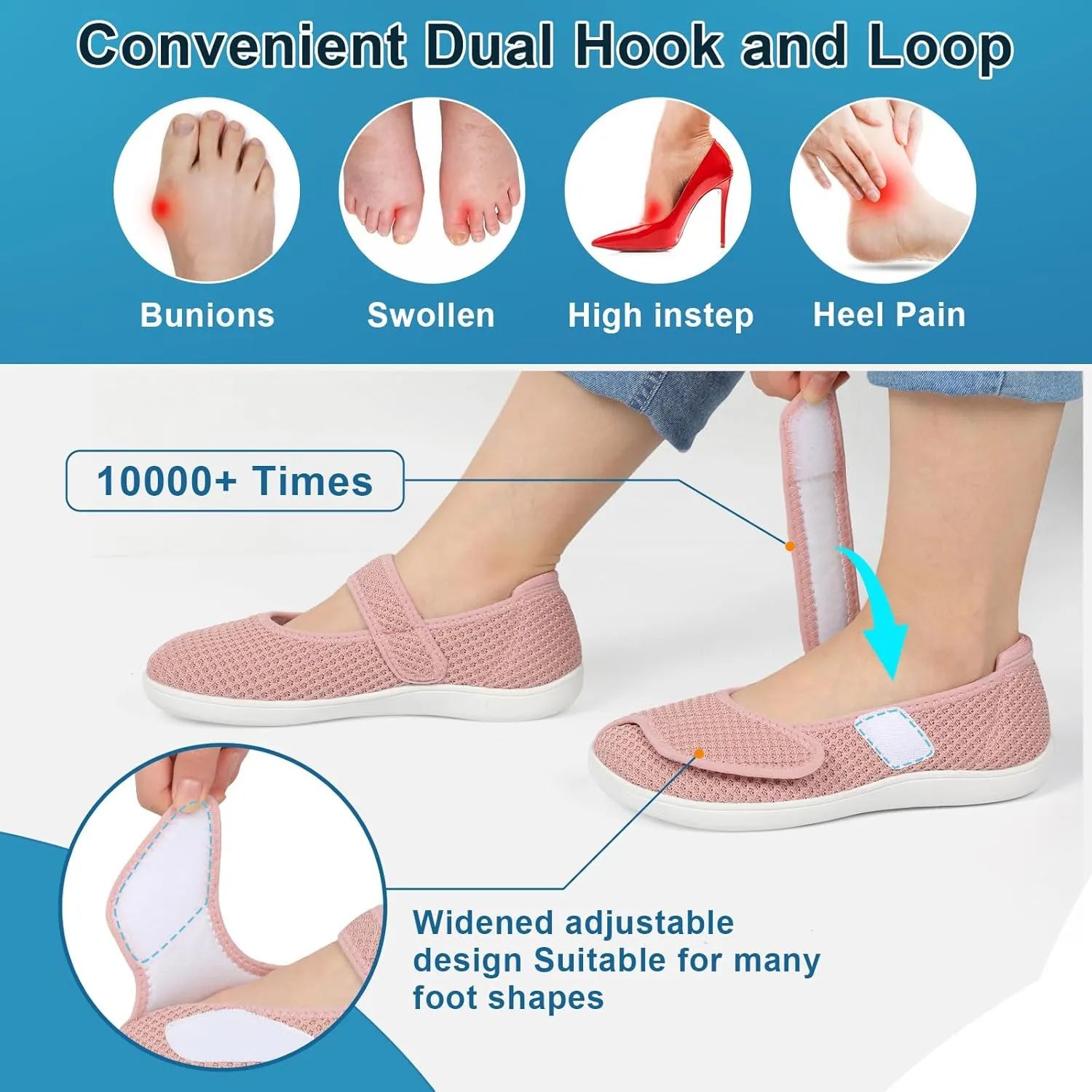 JOINFREE Womens Barefoot Walking Shoes Wide Diabetic Shoes Adjustable Mary Jane Shoes Flats Arthritis Edema Casual Shoes Breathable Slip on Sneakers Indoor Outdoor