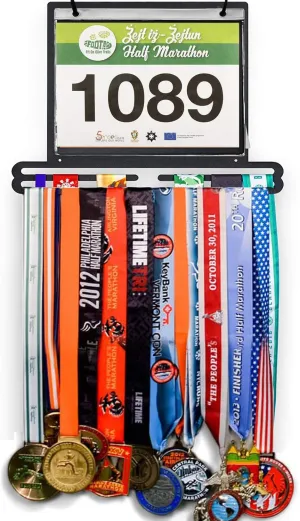 Jolitac Sports Medal Awards Display Rack Wall Mounted Marathon Medals Hanger Holder for 60  Medals 100 Runner Race Bibs 20 Bibs Flip Vinyl Sleeves