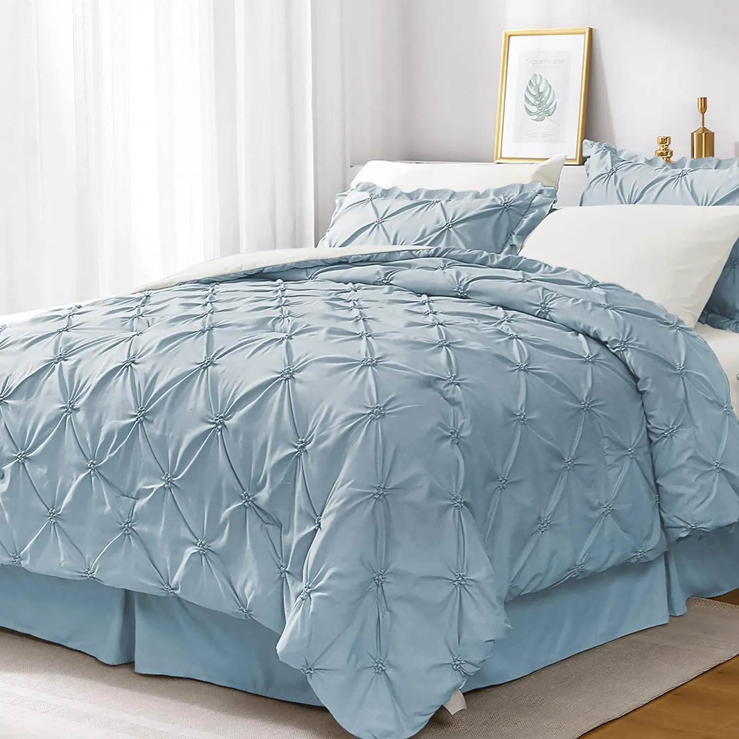 JOLLYVOGUE Light Blue/Ivory Cal King Size Comforter Sets 7 Pieces, Pintuck Bed in a Bag Comforter Set for Bedroom, Bedding Comforter Sets with Comforter, Sheets,Ruffled Shams & Pillowcases