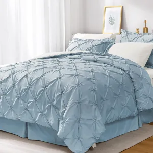JOLLYVOGUE Light Blue/Ivory Cal King Size Comforter Sets 7 Pieces, Pintuck Bed in a Bag Comforter Set for Bedroom, Bedding Comforter Sets with Comforter, Sheets,Ruffled Shams & Pillowcases