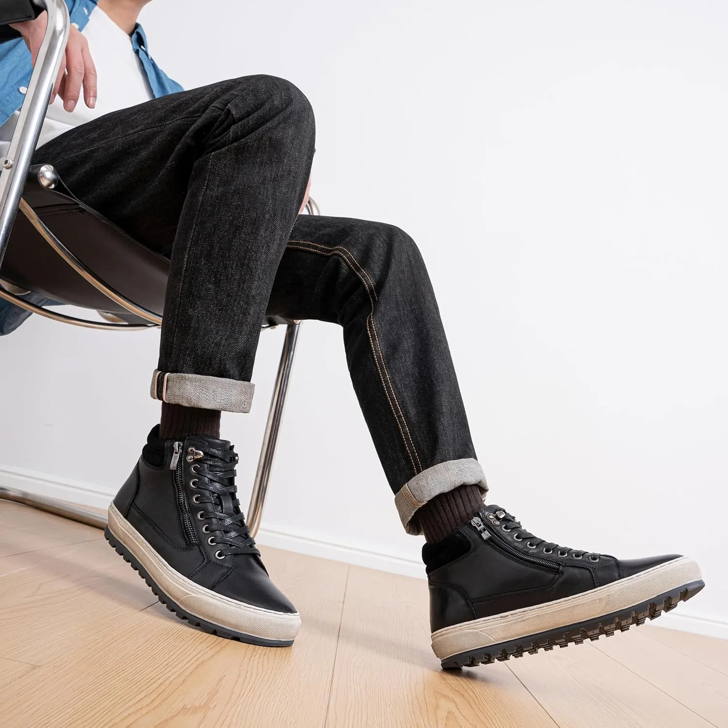 Jousen Mens Casual Shoes Leather High Top Fashion Sneakers for Men
