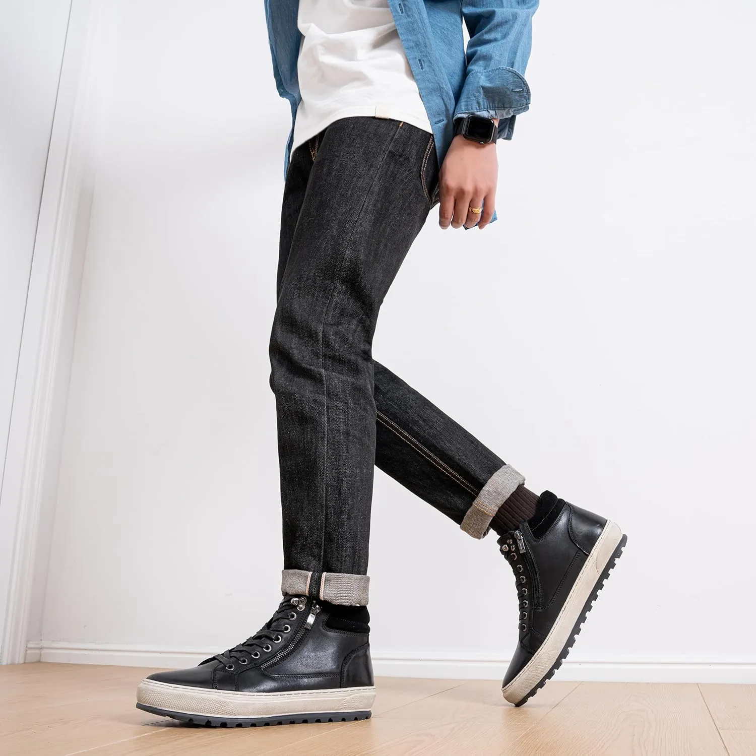 Jousen Mens Casual Shoes Leather High Top Fashion Sneakers for Men