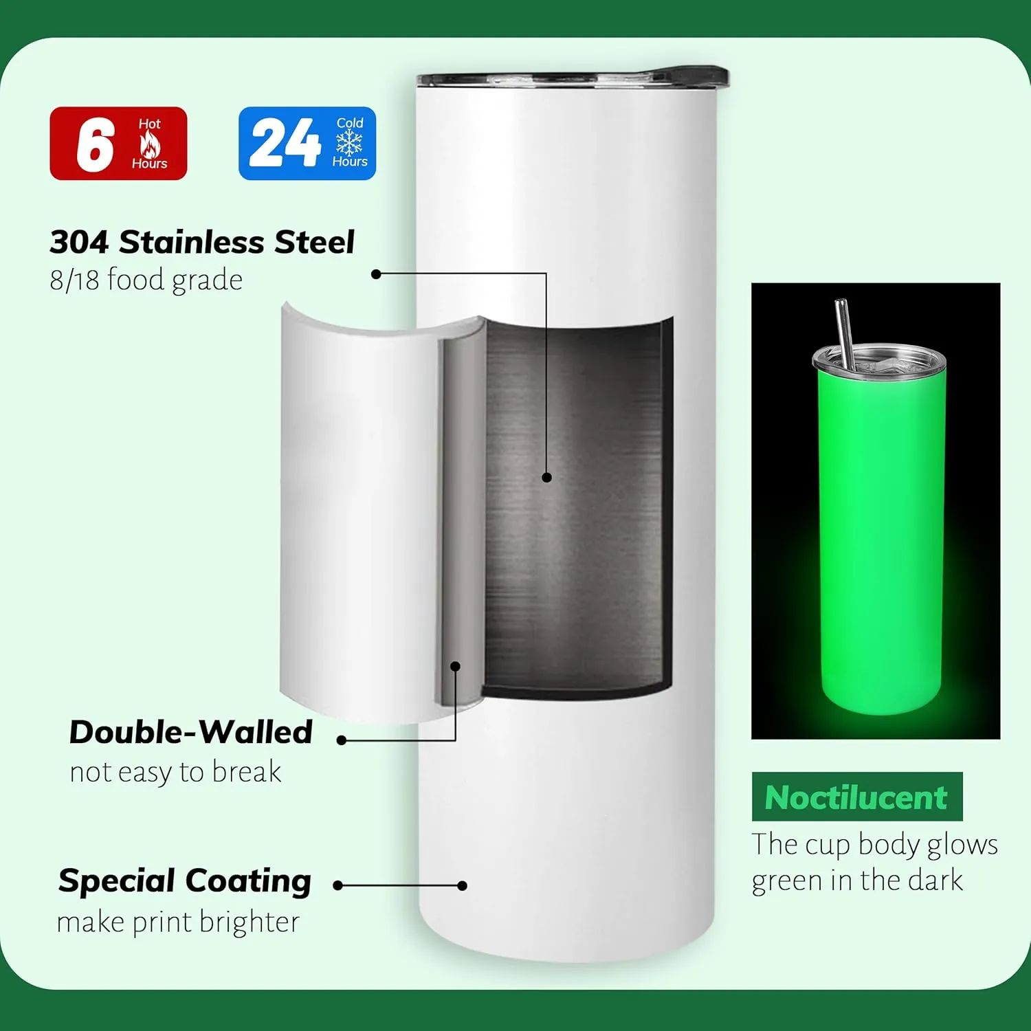 Joyclub 8 Pack Sublimation Tumblers Glow in the Dark 20 oz Bulk Blank Tumblers Skinny Straight Flat Bottom Cups White with Lid and Straw