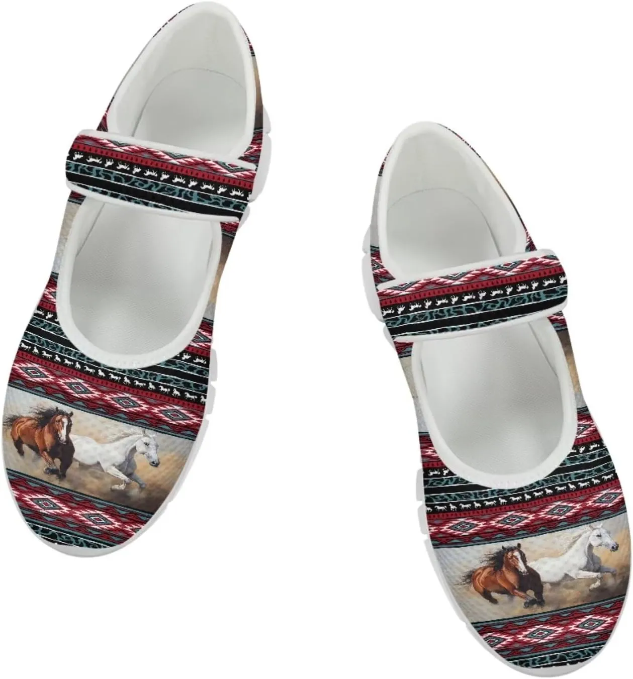 JoyLamoria Aztec Running Horse Walking Shoes Stylish Strap Mary Jane Shoes Adjustable Barefoot Shoes Womens US 4-9