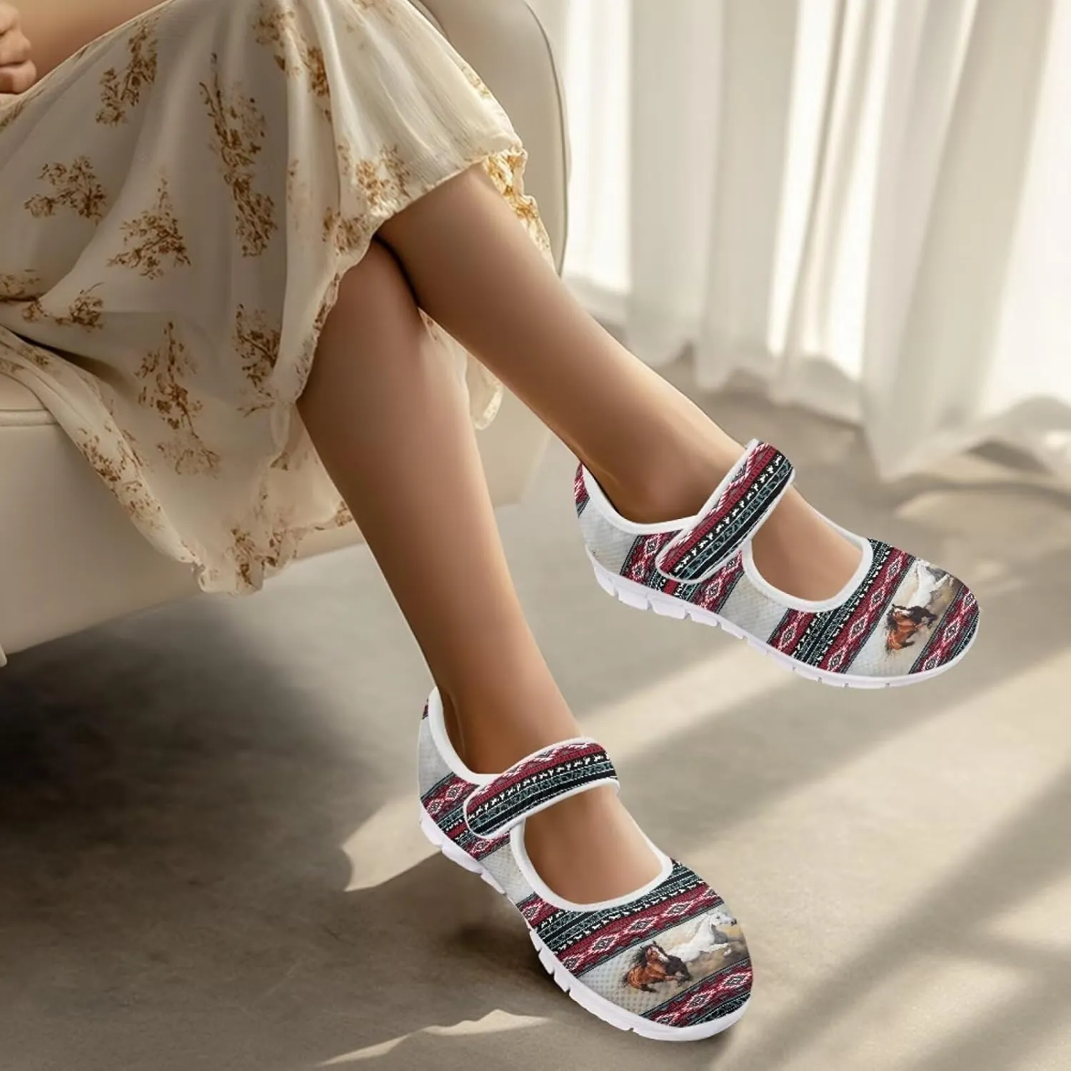 JoyLamoria Aztec Running Horse Walking Shoes Stylish Strap Mary Jane Shoes Adjustable Barefoot Shoes Womens US 4-9