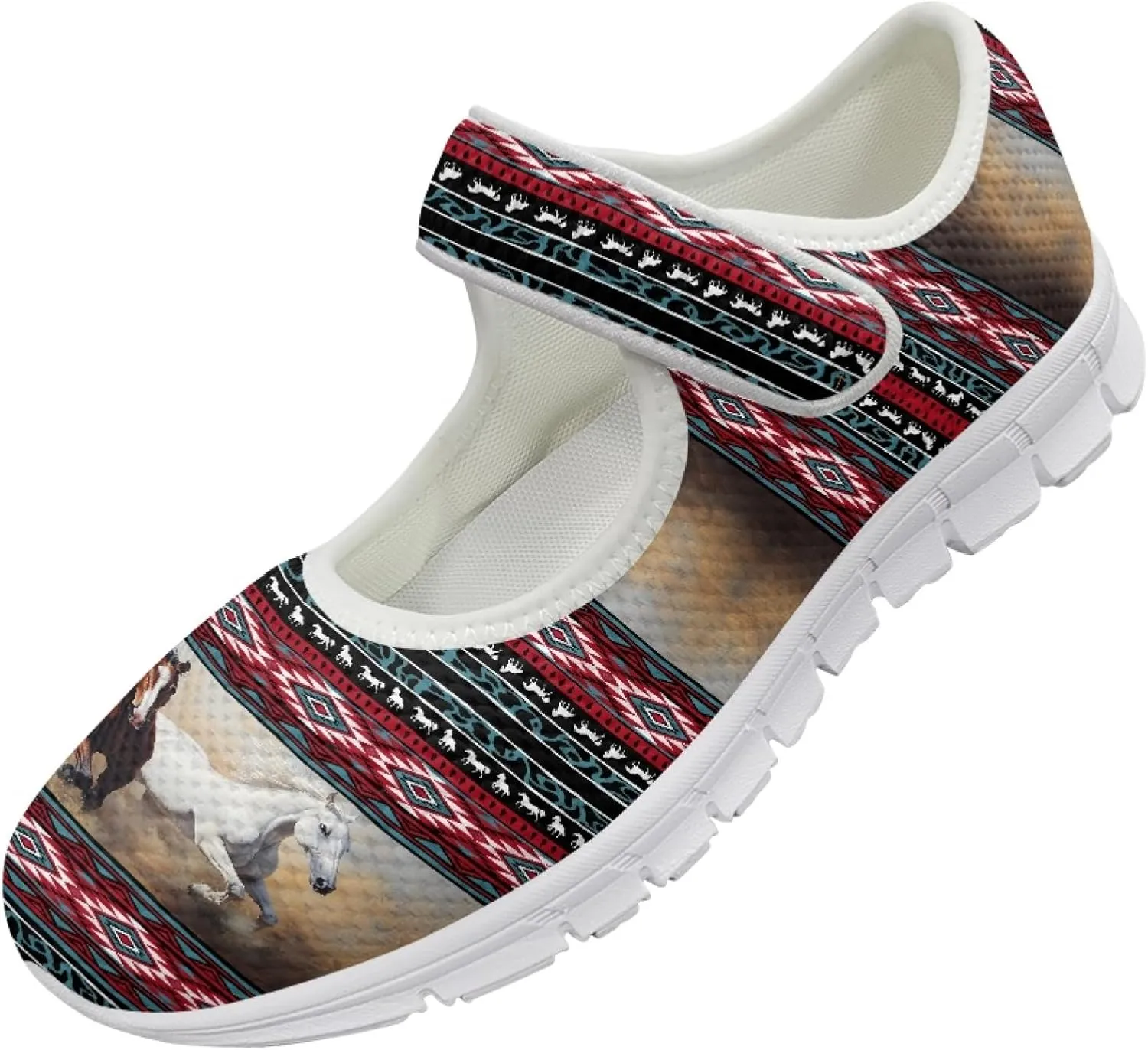 JoyLamoria Aztec Running Horse Walking Shoes Stylish Strap Mary Jane Shoes Adjustable Barefoot Shoes Womens US 4-9