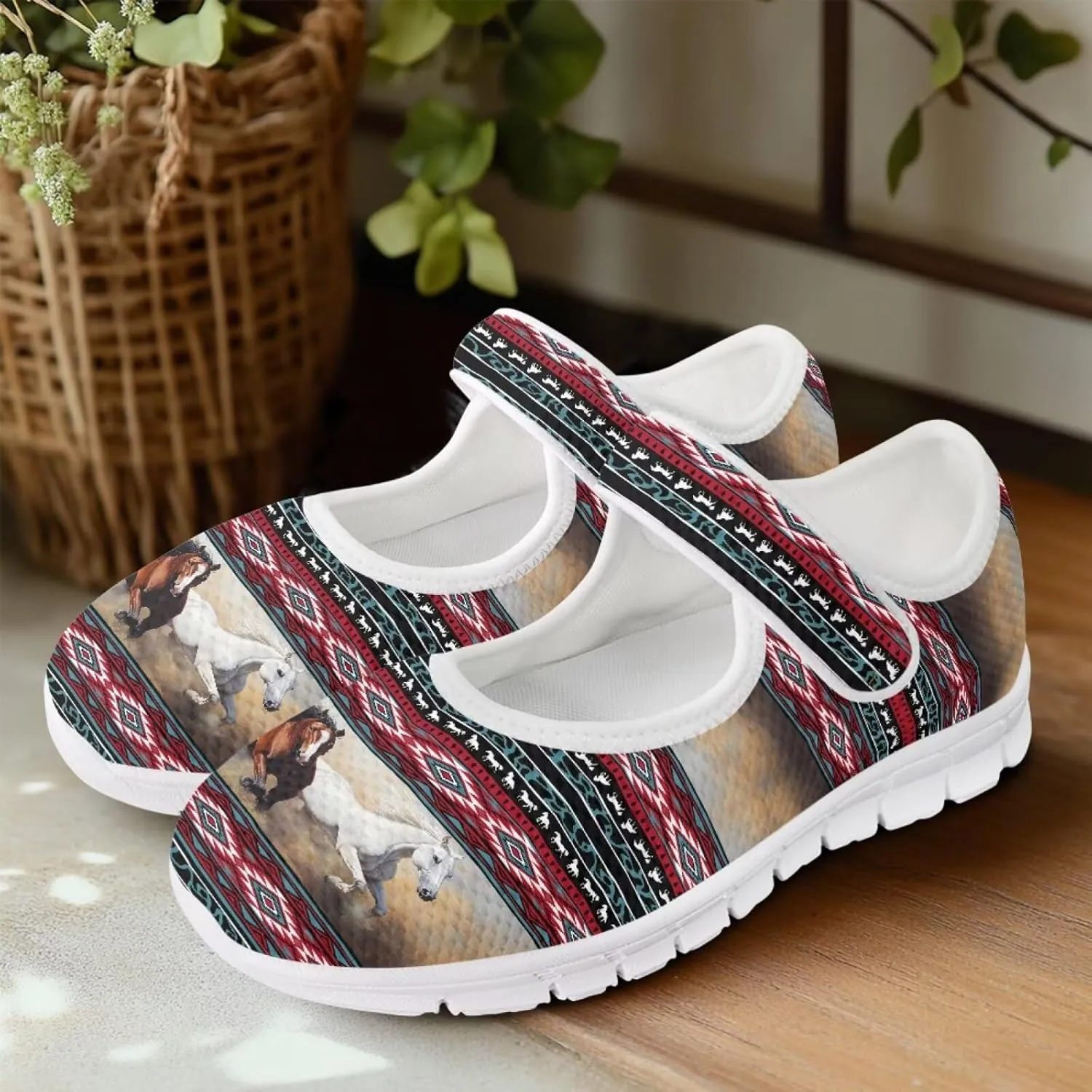 JoyLamoria Aztec Running Horse Walking Shoes Stylish Strap Mary Jane Shoes Adjustable Barefoot Shoes Womens US 4-9