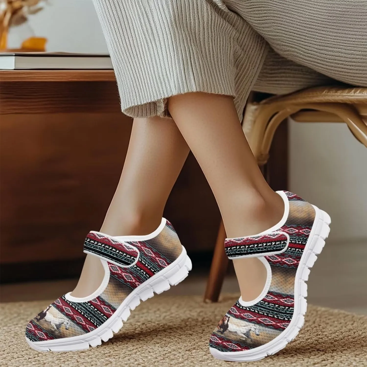 JoyLamoria Aztec Running Horse Walking Shoes Stylish Strap Mary Jane Shoes Adjustable Barefoot Shoes Womens US 4-9