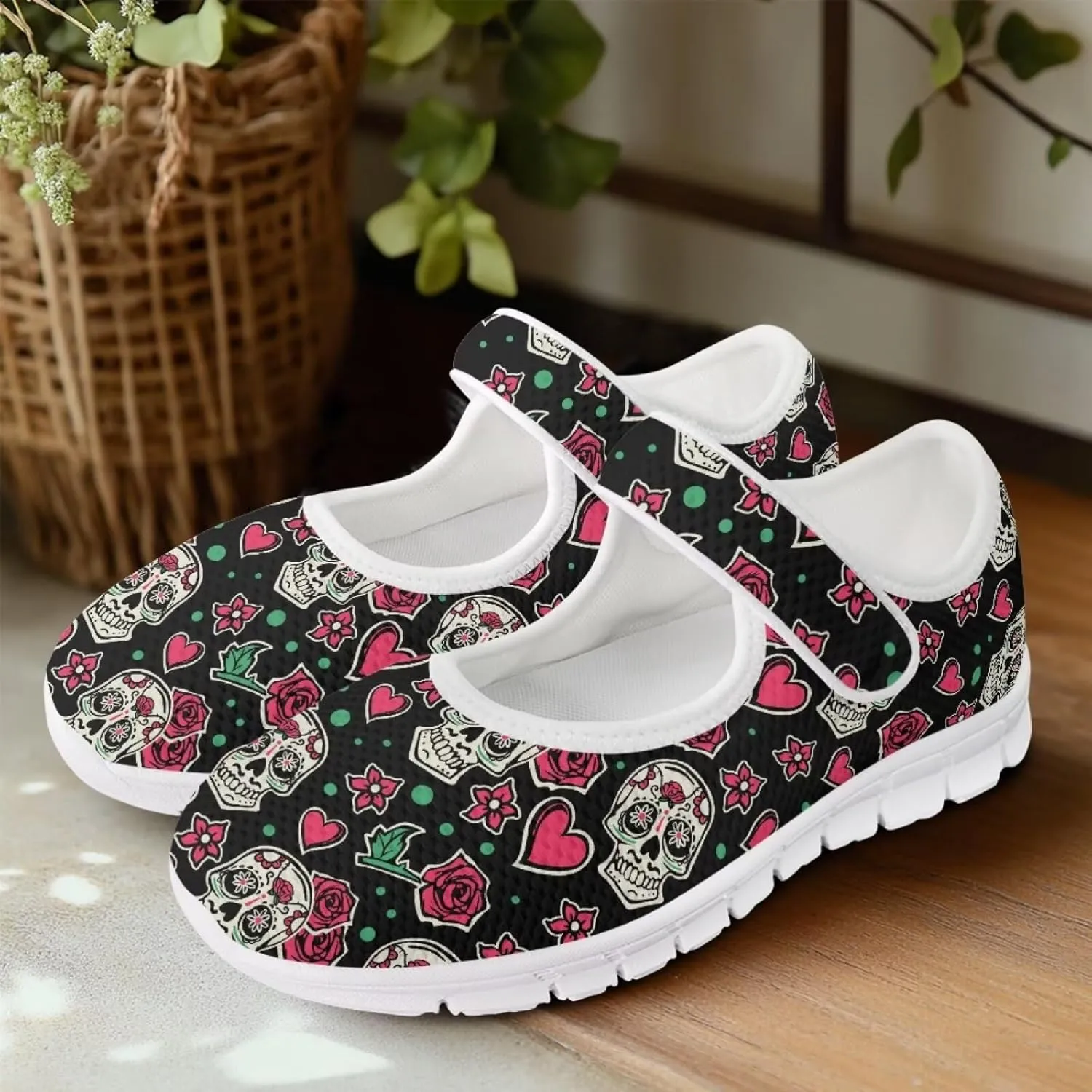 JoyLamoria Skull Rose Flats for Women Mesh Sneakers Fashion Causal Walking Shoes Womens Mary Jane Sneakers Y2K Gothic Footwear