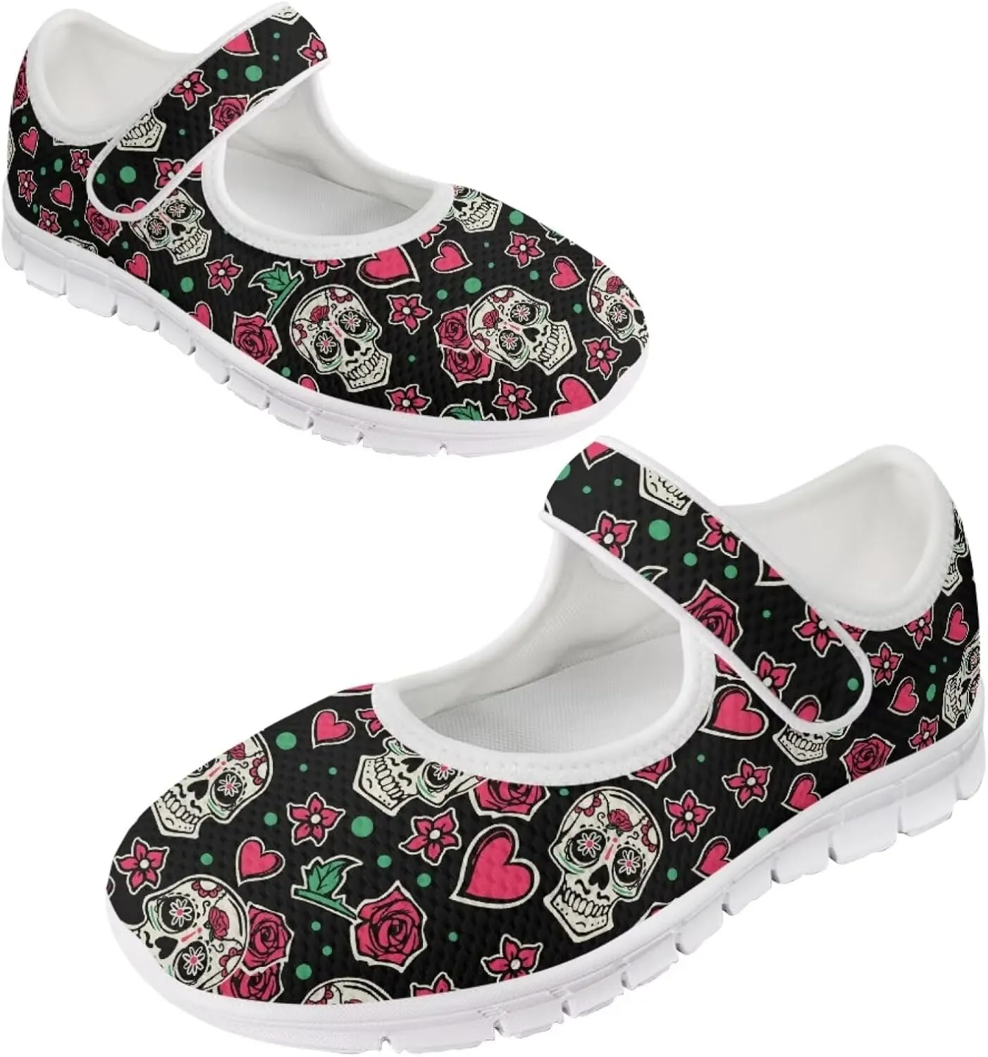 JoyLamoria Skull Rose Flats for Women Mesh Sneakers Fashion Causal Walking Shoes Womens Mary Jane Sneakers Y2K Gothic Footwear