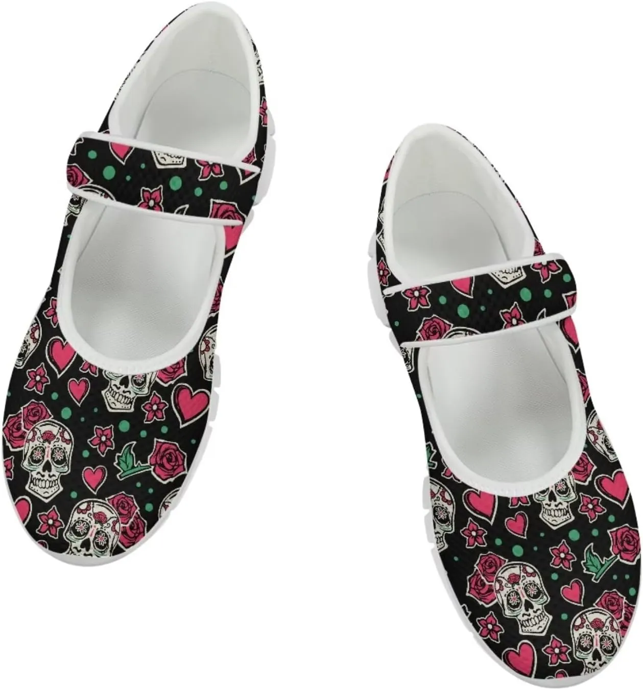 JoyLamoria Skull Rose Flats for Women Mesh Sneakers Fashion Causal Walking Shoes Womens Mary Jane Sneakers Y2K Gothic Footwear
