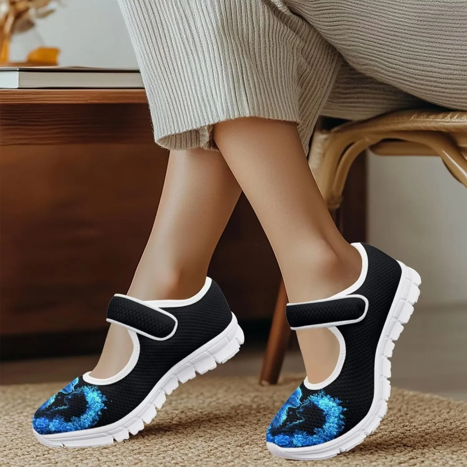 JoyLamoria Skull Rose Flats for Women Mesh Sneakers Fashion Causal Walking Shoes Womens Mary Jane Sneakers Y2K Gothic Footwear