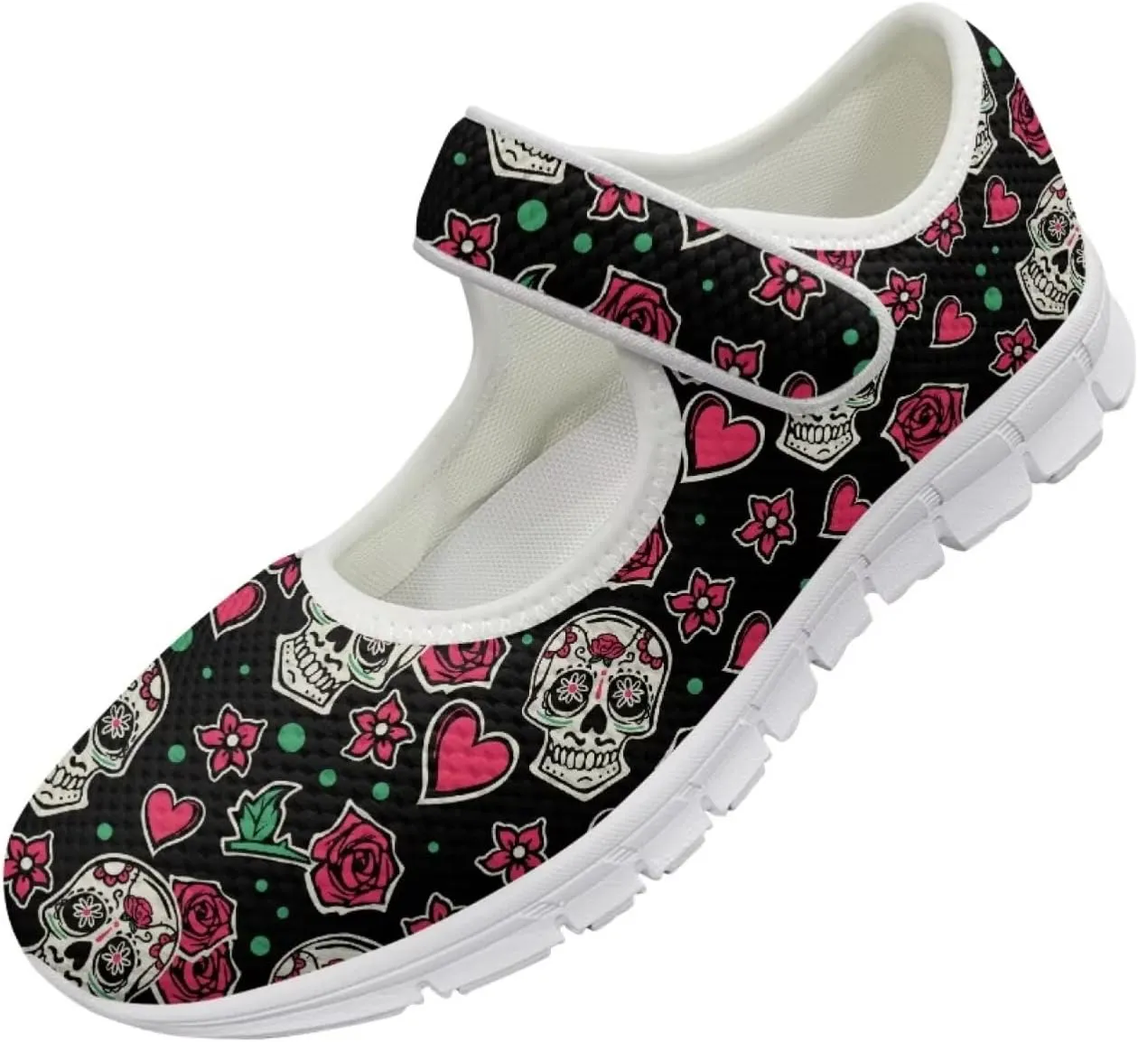 JoyLamoria Skull Rose Flats for Women Mesh Sneakers Fashion Causal Walking Shoes Womens Mary Jane Sneakers Y2K Gothic Footwear