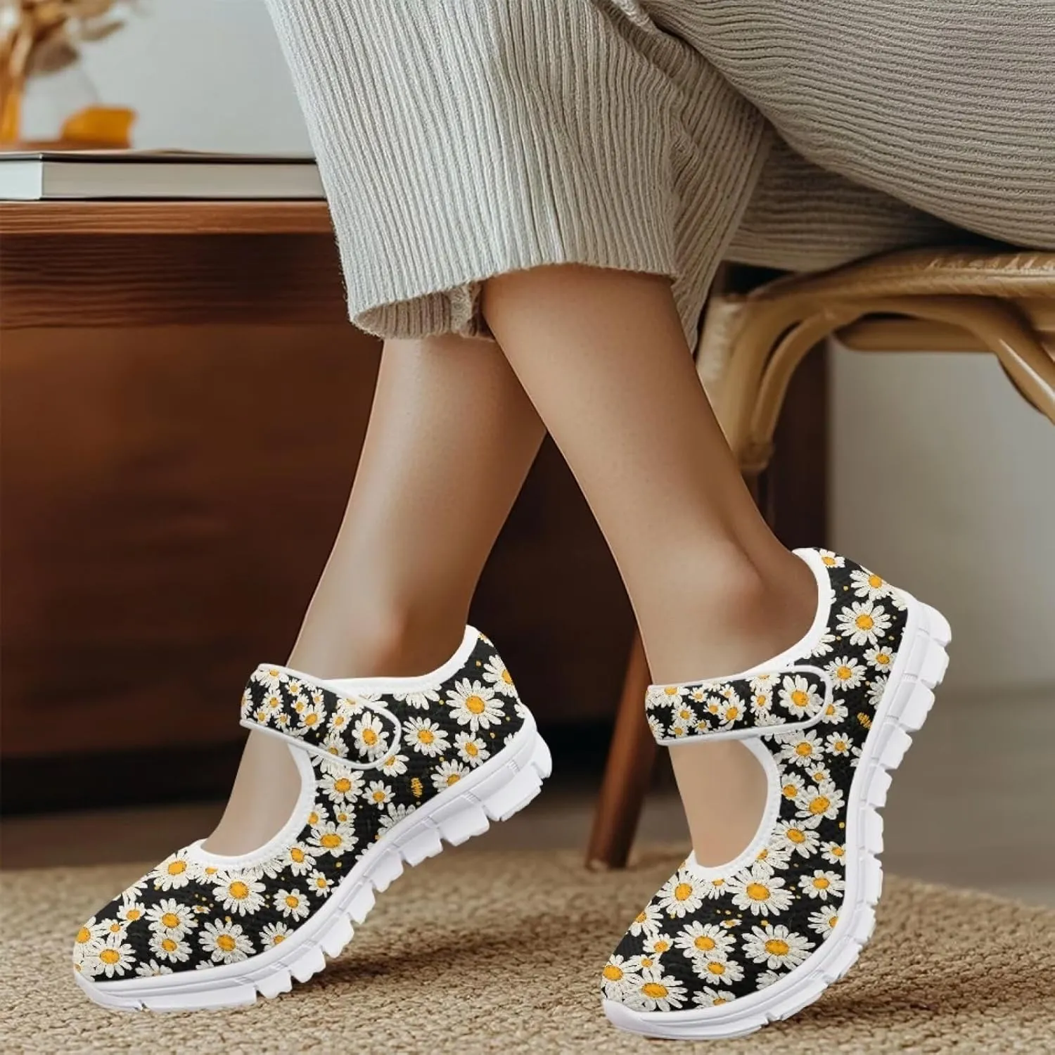 JoyLamoria Skull Rose Flats for Women Mesh Sneakers Fashion Causal Walking Shoes Womens Mary Jane Sneakers Y2K Gothic Footwear