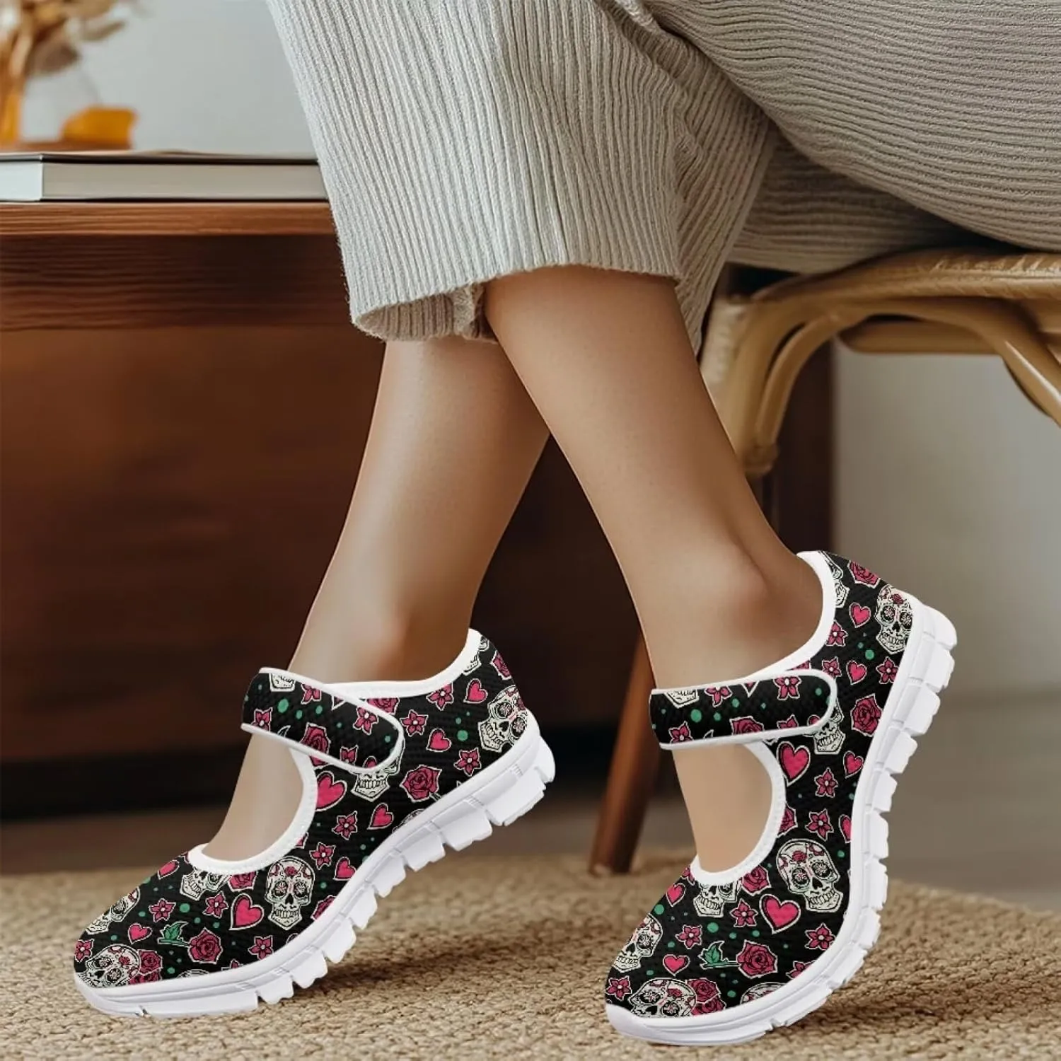 JoyLamoria Skull Rose Flats for Women Mesh Sneakers Fashion Causal Walking Shoes Womens Mary Jane Sneakers Y2K Gothic Footwear