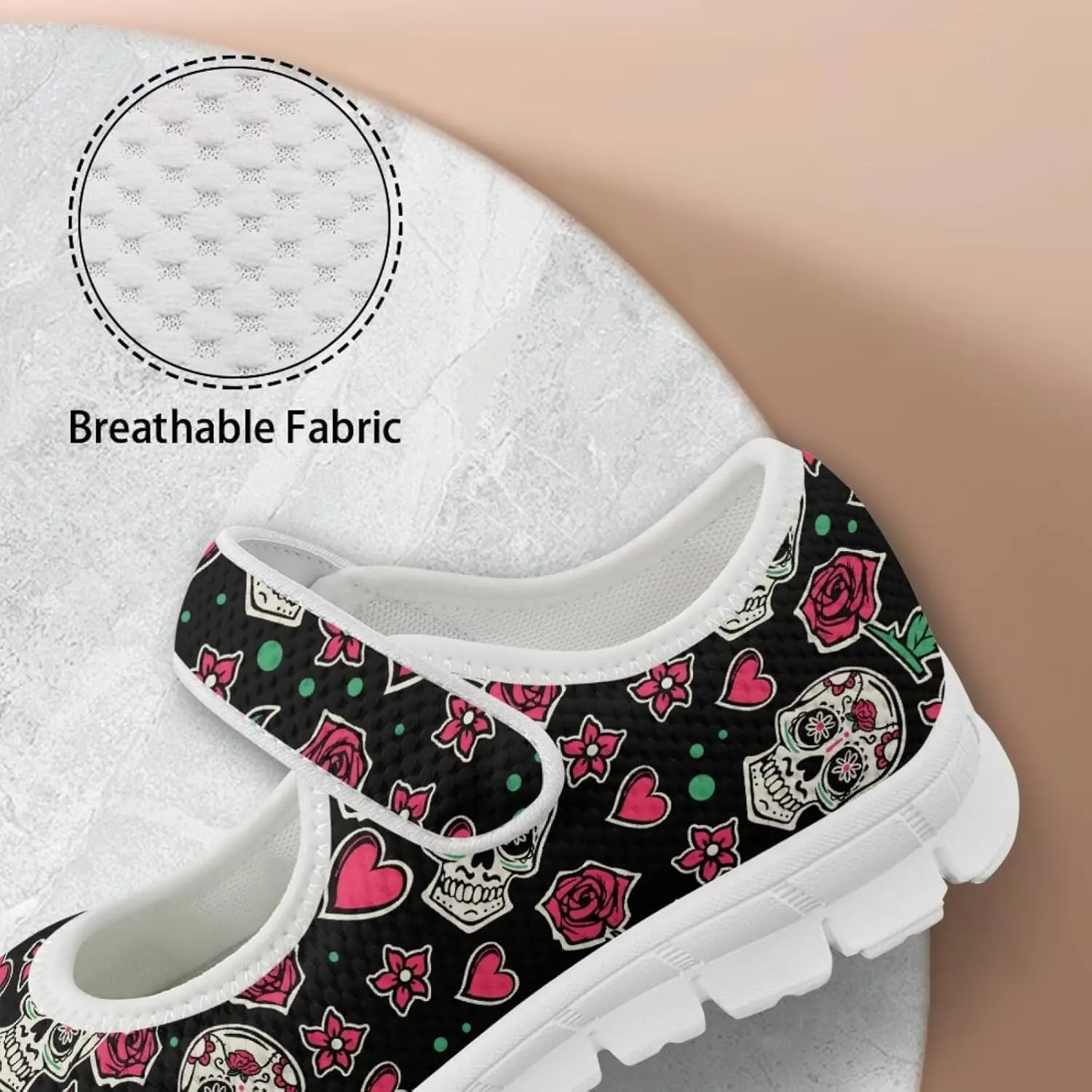 JoyLamoria Skull Rose Flats for Women Mesh Sneakers Fashion Causal Walking Shoes Womens Mary Jane Sneakers Y2K Gothic Footwear