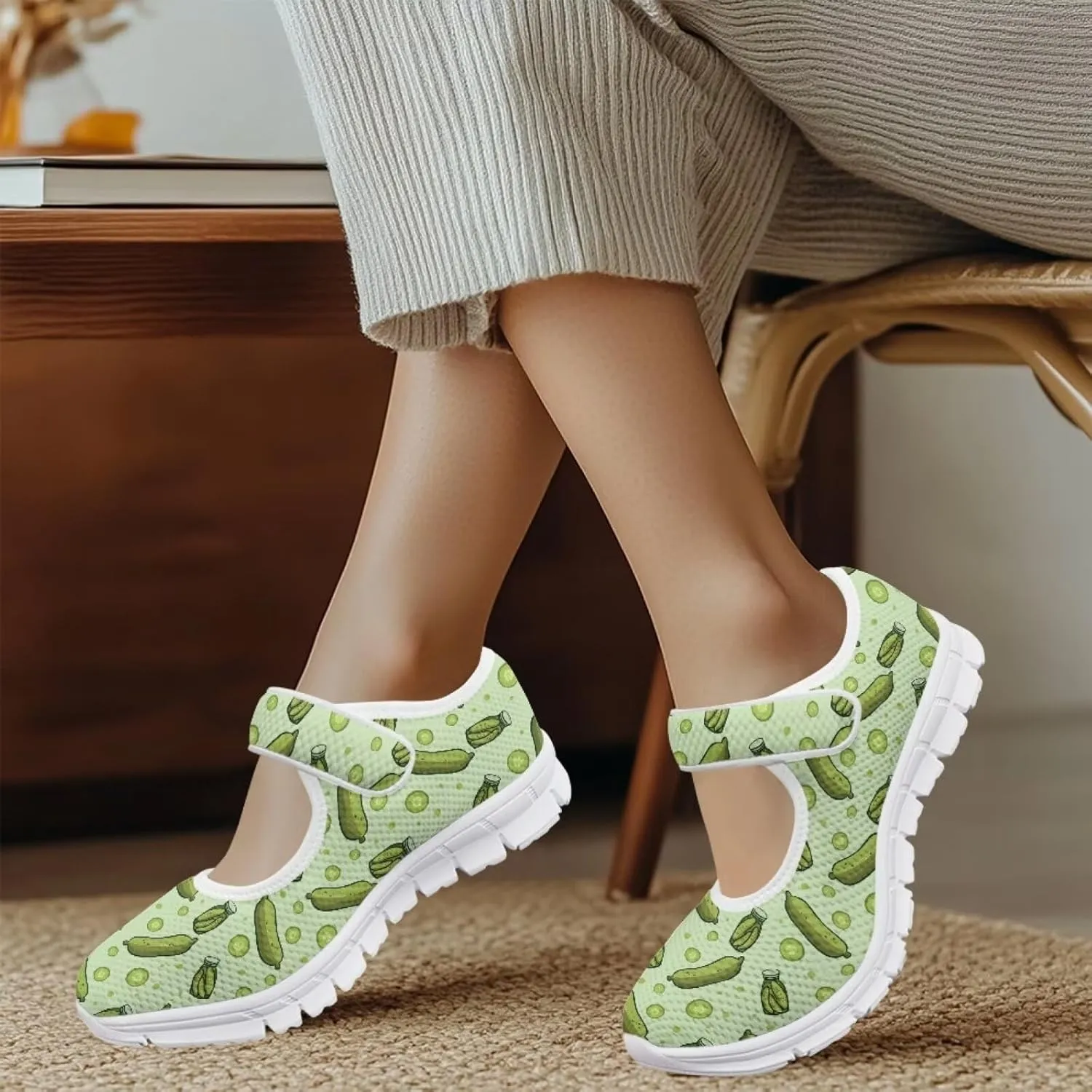 JoyLamoria Womens Walking Shoes Fashion Causal Mary Jane Flats Wide Diabetic Arthritis Edema Shoes,Green Pickles