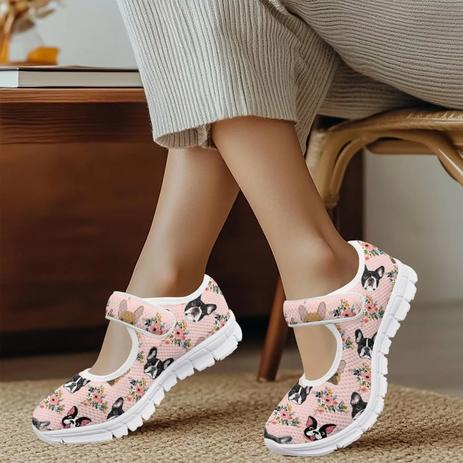 JoyLamoria Womens Walking Shoes Wide Diabetic Shoes Cute Cat Print Adjustable Barefoot Shoes Breathable Mary Jane Flats