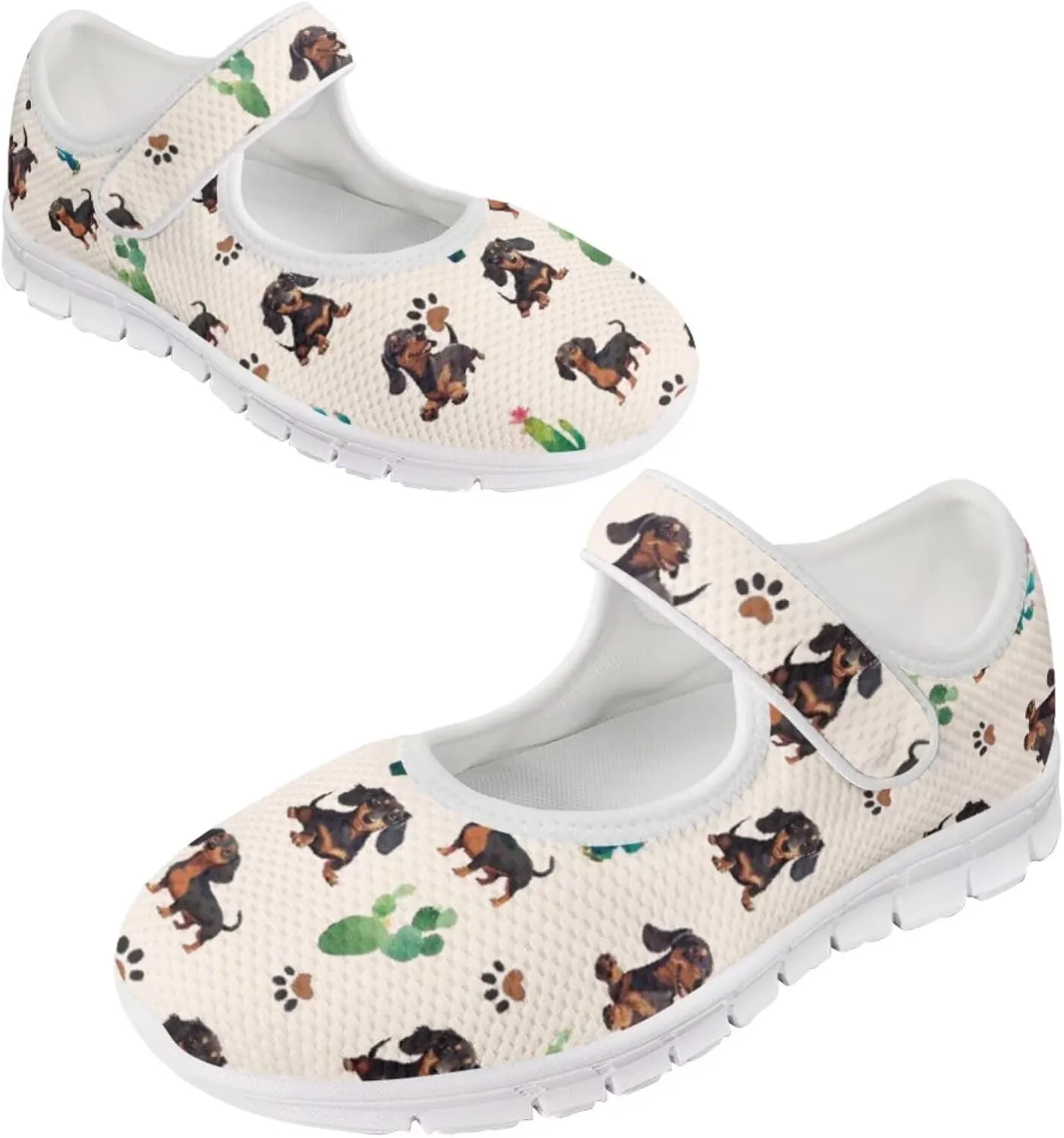 JoyLamoria Womens Walking Shoes Wide Diabetic Shoes Cute Cat Print Adjustable Barefoot Shoes Breathable Mary Jane Flats