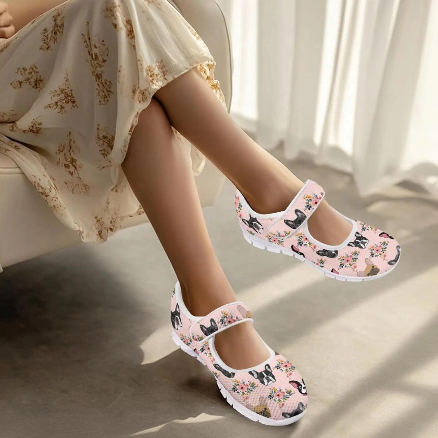 JoyLamoria Womens Walking Shoes Wide Diabetic Shoes Cute Cat Print Adjustable Barefoot Shoes Breathable Mary Jane Flats