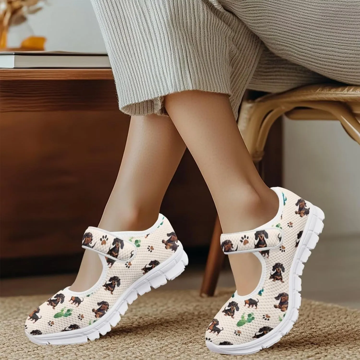 JoyLamoria Womens Walking Shoes Wide Diabetic Shoes Cute Cat Print Adjustable Barefoot Shoes Breathable Mary Jane Flats