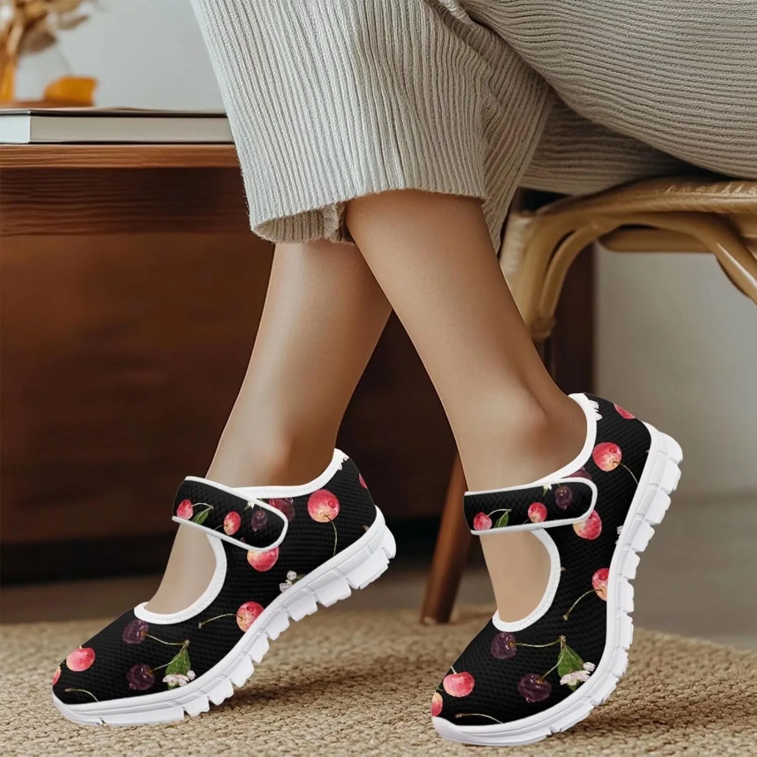 JoyLamoria Womens Walking Shoes Wide Diabetic Shoes Cute Cat Print Adjustable Barefoot Shoes Breathable Mary Jane Flats