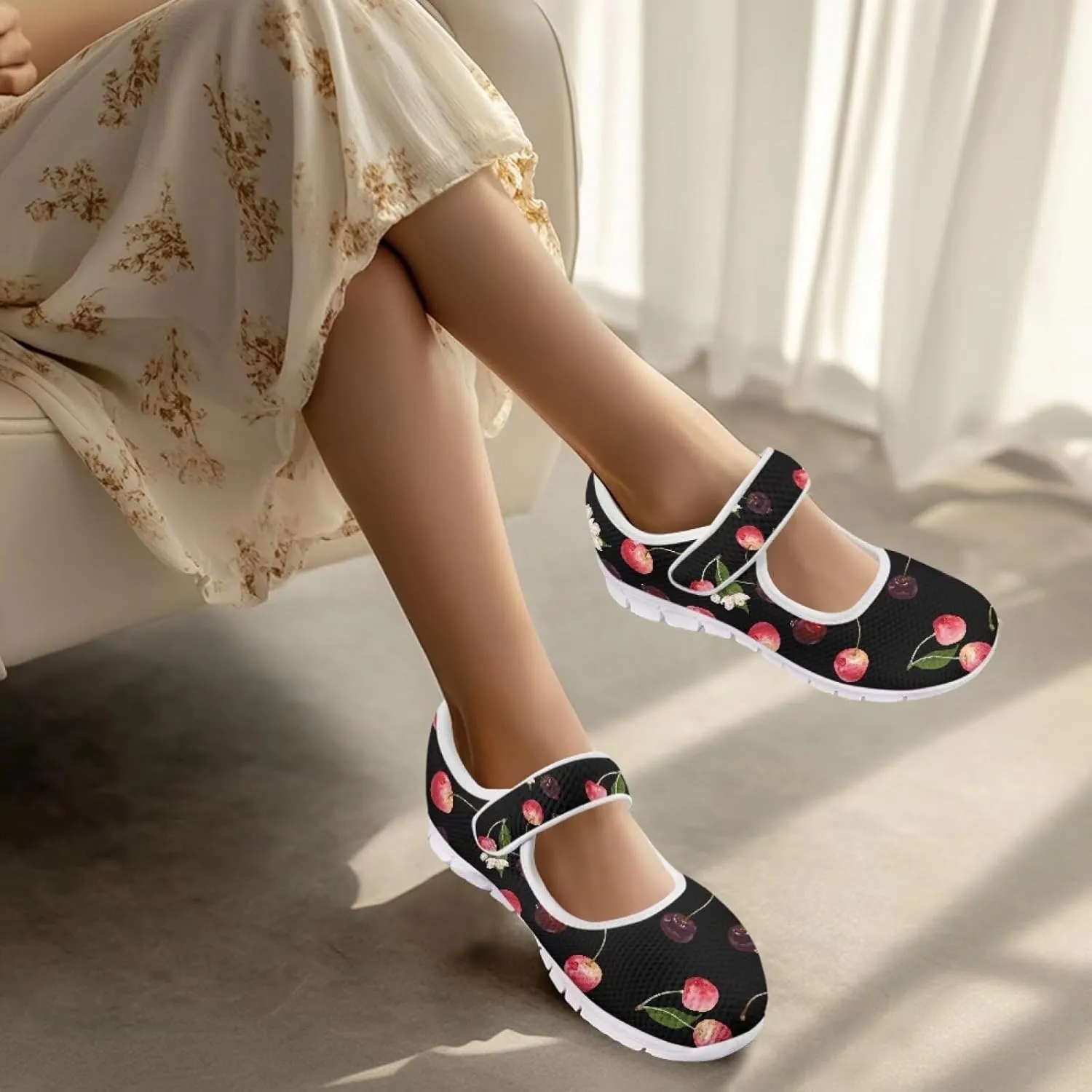 JoyLamoria Womens Walking Shoes Wide Diabetic Shoes Cute Cat Print Adjustable Barefoot Shoes Breathable Mary Jane Flats